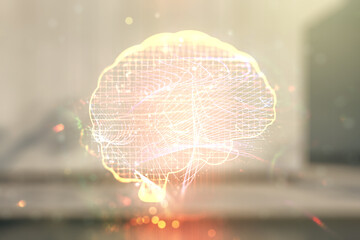 Poster - Virtual creative artificial Intelligence hologram with human brain sketch on blurry contemporary office building background. Double exposure