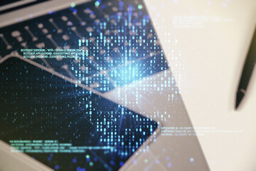 Poster - Double exposure of creative code skull hologram on laptop background. Malware and cyber crime concept