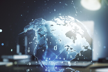 Poster - Multi exposure of abstract programming language hologram with world map on computer background, artificial intelligence and neural networks concept