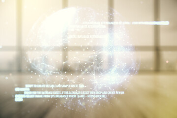 Aufkleber - Multi exposure of abstract graphic coding sketch and world map on modern interior background, big data and networking concept