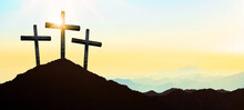 Easter Background Banner Panorama Religious Greeting Card Crucifixion And Resurrection. Three Crosses Of Golgotha By Sunset...