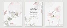 Floral And Botanical Line Art Invitation Card Template. Set Of Hand Drawn Wedding Ceremony With Flower, Blooms, Branch. Blue Blossom Watercolor Design Suitable For Flyer, Greeting, Banner, Cover.