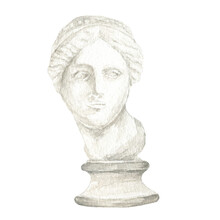 Ancient Greek Sculpture Venus Goddess Head, Watercolor Antique Greece Mythology Statues Bust Hand Drawn Illustration, Venus De Milo Face Sculpture