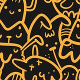 Seamless pattern with cute cartoon creatures on black background