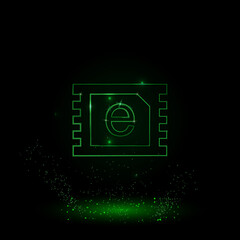 Poster - A large green outline eSIM symbol on the center. Green Neon style. Neon color with shiny stars. Vector illustration on black background