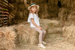 Smiling little girl sitting on haystack in hayloft on summer day