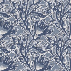 French blue botanical leaf linen seamless pattern with 2 tone country cottage style motif. Simple vintage rustic fabric textile effect. Primitive modern shabby chic kitchen cloth design.