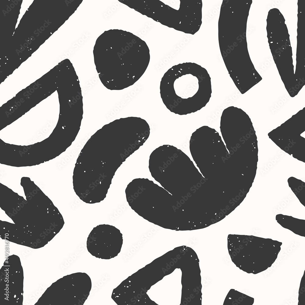 Black and white seamless pattern with hand drawn organic shapes,lines ...