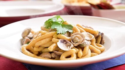 Wall Mural - Vongole pasta in a white plate with hot steam. Fresh lunch in a traditional Italian restaurant thick pasta with clams and parsley, close-up. High quality FullHD footage