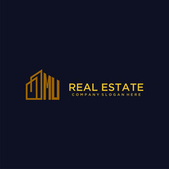 MU initial monogram logo for real estate with building style