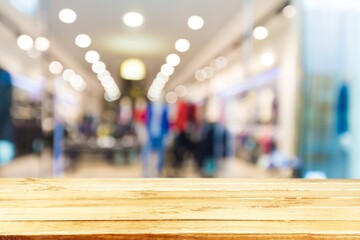 Canvas Print - Wood table top with supermarket grocery store background for product display