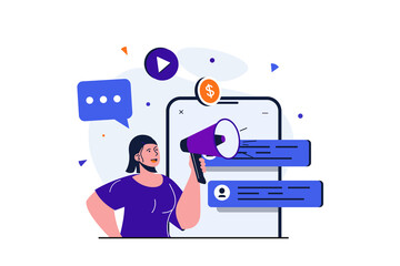 Poster - digital marketing modern flat concept for web banner design. woman with megaphone makes advertising 