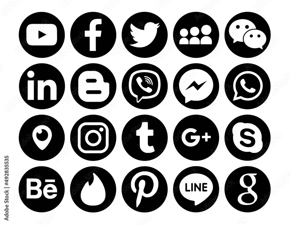 Set of popular round black social media icons: Facebook, Twitter ...