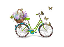 Road Bike With Butterflies And A Basket Of Flowers . Vector Illustration