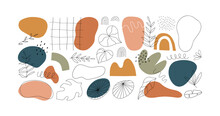 Minimalist Abstract Nature Art Shapes Collection. Pastel Color Doodle Bundle For Fashion Design, Summer Season Or Natural Concept. Modern Fine Line Plant Leaf And Tropical Shape Decoration Set.