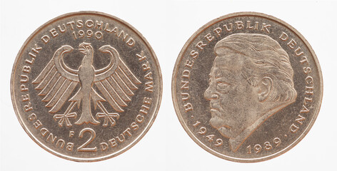 Germany - circa 1990: a 2 DM coin of Germany with the federal eagle and the portrait of the politician and Prime Minister of Bavaria Franz Josef Strauss on the anniversary of his death