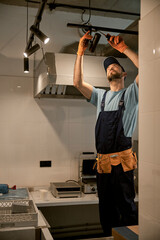 Wall Mural - Male worker fixing ceiling lamp with screwdriver