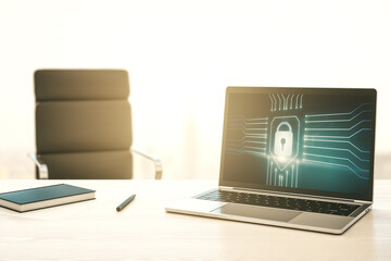 Poster - Computer monitor with creative light lock illustration and microcircuit, cyber security concept. 3D Rendering
