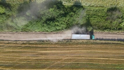 Wall Mural - Aerial view of cargo truck driving on dirt road between agricultural wheat fields making lot of dust. Transportation of grain after being harvested by combine harvester during harvesting season