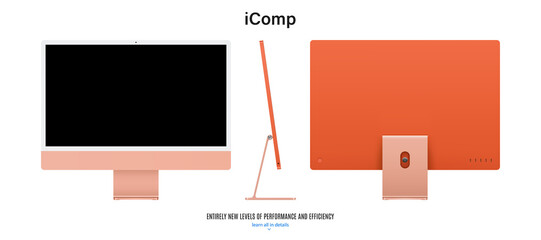 Poster - computer monitor orange color with black screen saver front, back and side view isolated on white background. realistic and detailed mockup of display for system unit. stock vector illustration