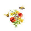 Honey bees with floral bouquet, meadow flowers poppies. Watercolor illustration