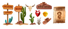 Wild West Vector Icon Set, Cartoon Game UI Cowboy Object, Sheriff Golden Badge, Cow Skull On White. Wanted Parchment Poster, Wooden Road Sign Board, Canyon Cactus, Stone. Wild West Adventure Element