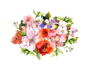 Wall Mural - Floral bouquet - meadow flowers, butterflies. Fashion design for print or card. Watercolor