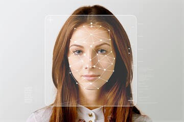 Serious business woman and smart technology for face recognition, double exposure. Biometric identification, futuristic cyber security, scanning and facial detection