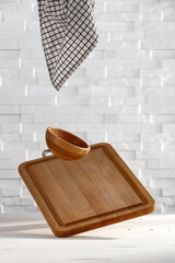 Poster - Food levitating in a kitchen with free space, kitchen utensils 