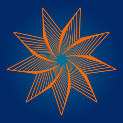 Poster - Twisted lines of an orange nine-cornered star. Vector 3d tunnel made of geometric shape. Abstract graphic spiral on a blue background.
