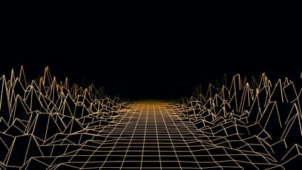 Poster - Animation of mesh virtual surface. Animation. 3D mesh surface with irregularities. Moving virtual road in retro style on black background