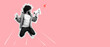 © San4ezz007 - Funny portrait of an emotional jumping guy with a megaphone. Collage in magazine style. Flyer with trendy colors, advertising copy space. Discount, sale season. Information concept. Attention news!