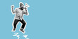 © San4ezz007 - Funny portrait of an emotional jumping guy with a megaphone. Collage in magazine style. Flyer with trendy colors, advertising copy space. Discount, sale season. Information concept. Attention news!