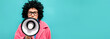 © San4ezz007 - Funny young female posing isolated on blue studio wall background. Lifestyle concept of sincere emotions of people. Space for copy layouts. Discount, sale season. Information concept. Attention news!