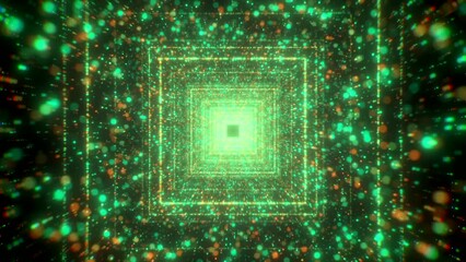 Poster - Moving in square cyber tunnel with particles. Motion. Glowing particles in tunnel with neon squares. Square spatial tunnel with flow of colorful particles