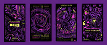 Dark Space Abstract Template Design With Typography For Stories, Flyer, Event Brochure, Posts, Presentation Or Cover. Black, Purple Colors With Hallucination Paints Print Vector Set.	