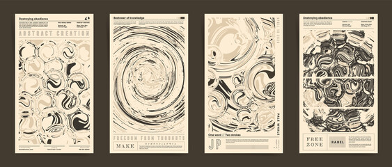 Poster - Set of Monochrome Aesthetic Stories posts templates. Modern Japanese boho Design Posters. Vintage Covers with typography. Abstract liquid ink twisted and rounded shapes Backgrounds.	