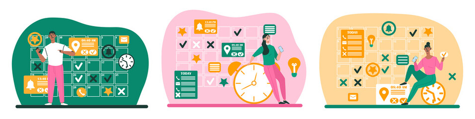 Poster - Schedules in online calendar. Collection of images with hardworking workers. Time management and efficient workflow, poster or banner. Cartoon flat vector illustrations isolated on white background