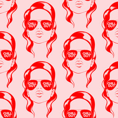 Wall Mural - Vector pattern with hand drawn illustration of girl in aviator glasses. Creative artwork. Template for card, poster, banner, print for t-shirt, pin, badge, patch.