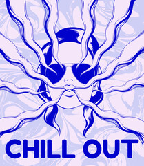Wall Mural - Chill out. Vector hand drawn illustration of girl in aviator glasses. Creative artwork. Template for card, poster, banner, print for t-shirt, pin, badge, patch.