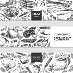 meat, set of templates for restaurant menu set of templates for restaurant menu, meat, engraved style, hand drawing, graphics, black and white sketch of meat and spice pieces on beige background, vint