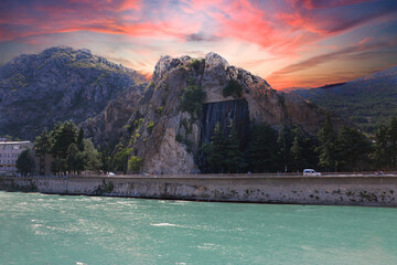 Fascinating view of the city of Amasya, also known as the city of princes. wonderful clouds coming out of the mountains. YESILIRMAK river.