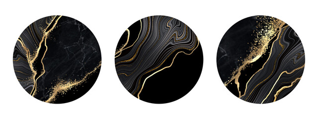 Wall Mural - set of abstract round stickers with black marble texture. Marbling decor with golden veins and glitter. Clip art collection isolated on white background
