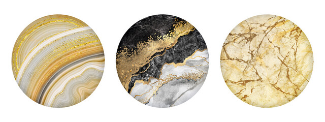 Wall Mural - set of round stickers with marbling designs, abstract black white and gold marble decor, artificial 