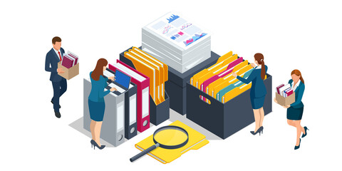 Poster - isometric office paper document and file folders. analysing and researching creative process concept