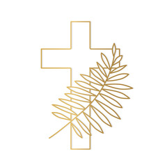 Wall Mural - golden palm leaf and cross, christian Palm Sunday symbol- vector illustration
