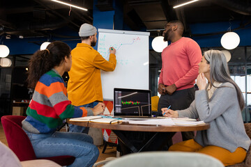 Four people drawing diagram on white board