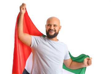 Wall Mural - Man with the national flag of UAE on white background