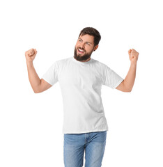 Wall Mural - Happy young man in t-shirt on white background