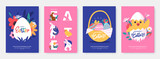 Fototapeta Młodzieżowe - Happy Easter creative poster collection. Set of easter greeting card with cute illustrations in cartoon style. Egg hunt event invitation template. Ideal for flyer, postcard, promo. Vector eps10